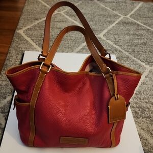 Dooney & Bourke Kristin Pebbled Leather Red Tote Bag with Tan Accents